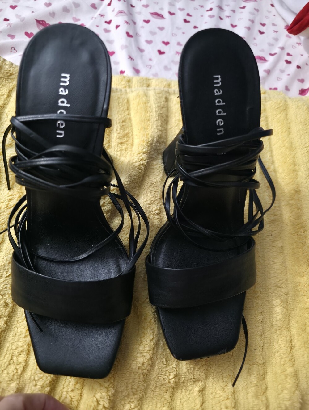 Madden Girl Black Strappy Square-Toe Lace-Up Heels